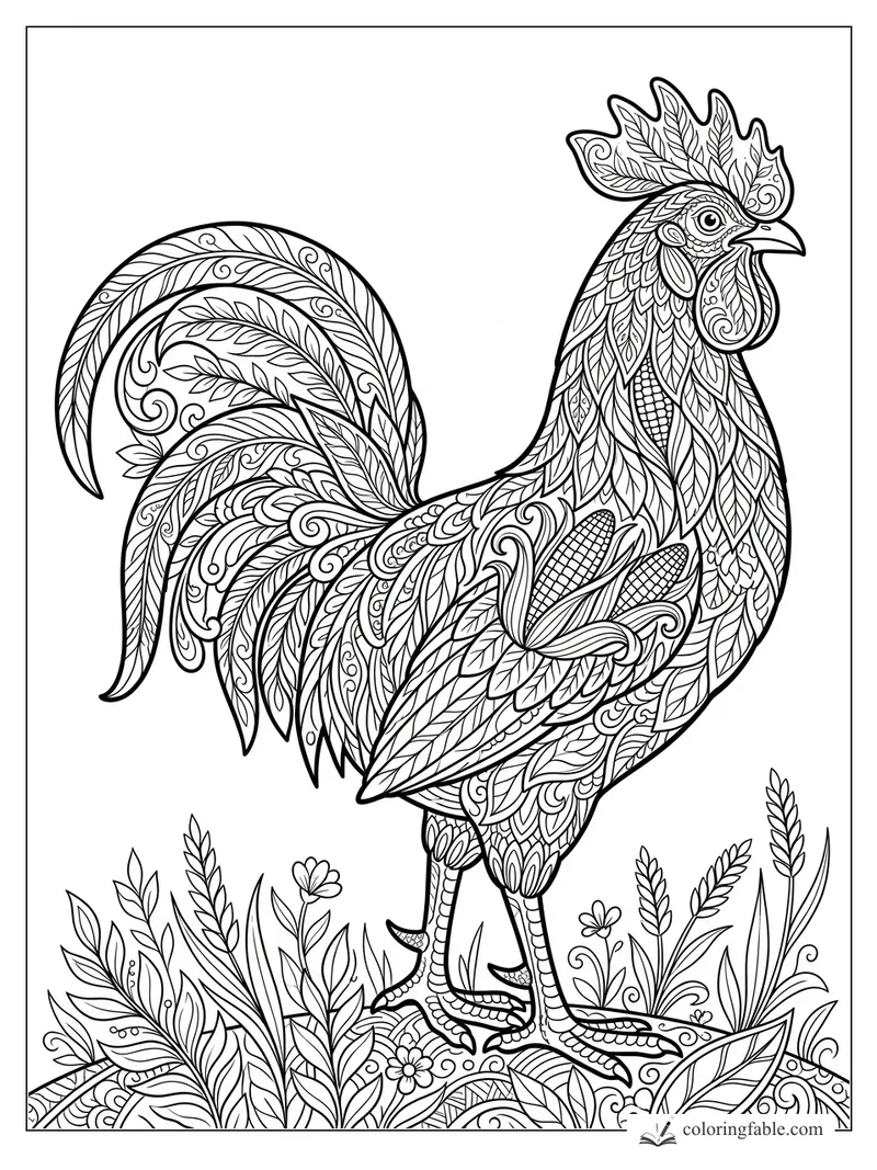 Intricate zentangle rooster with leafy tail feathers standing among meadow grasses and small flowers