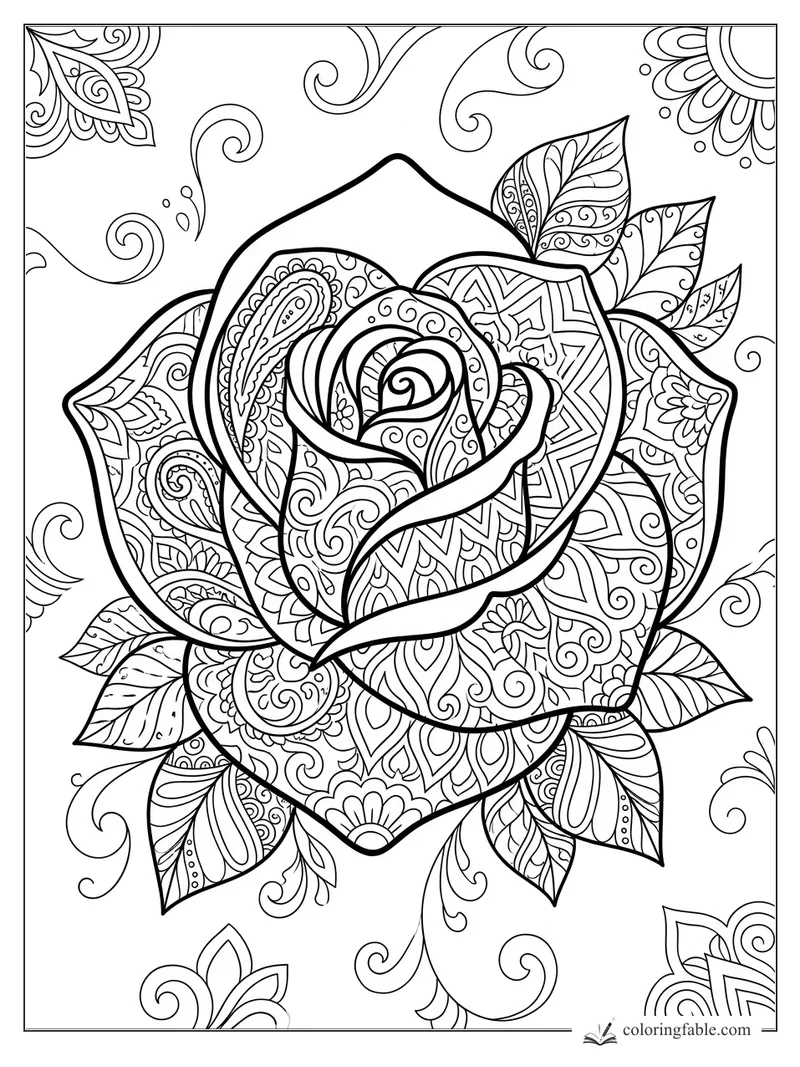 Intricate zentangle rose with patterned petals, leaves, paisley details, and swirling corner flourishes.