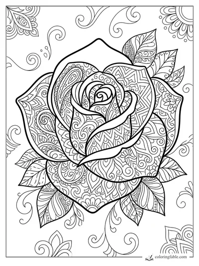Intricate zentangle rose with patterned petals, leaves, paisley details, and swirling corner flourishes.