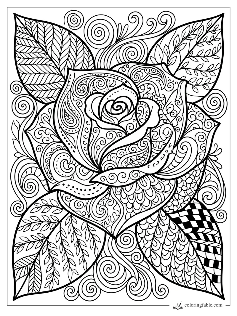 Intricate zentangle rose with paisley petals, spiral curls, patterned leaves, and checkerboard detail