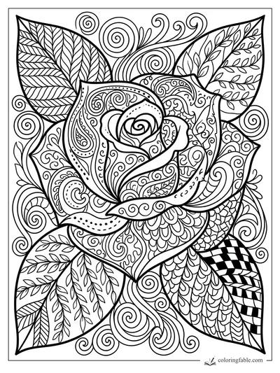 Intricate zentangle rose with paisley petals, spiral curls, patterned leaves, and checkerboard detail