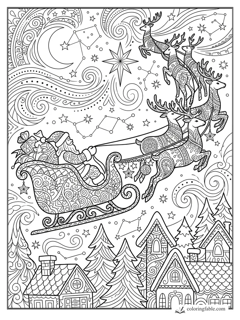 Intricate zentangle Santa in a sleigh with patterned reindeer, stars, swirls, pine trees, and village rooftops