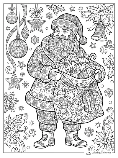 Intricate zentangle Santa holding a patterned gift sack, surrounded by ornaments, bells, holly, stars, and snowflakes.
