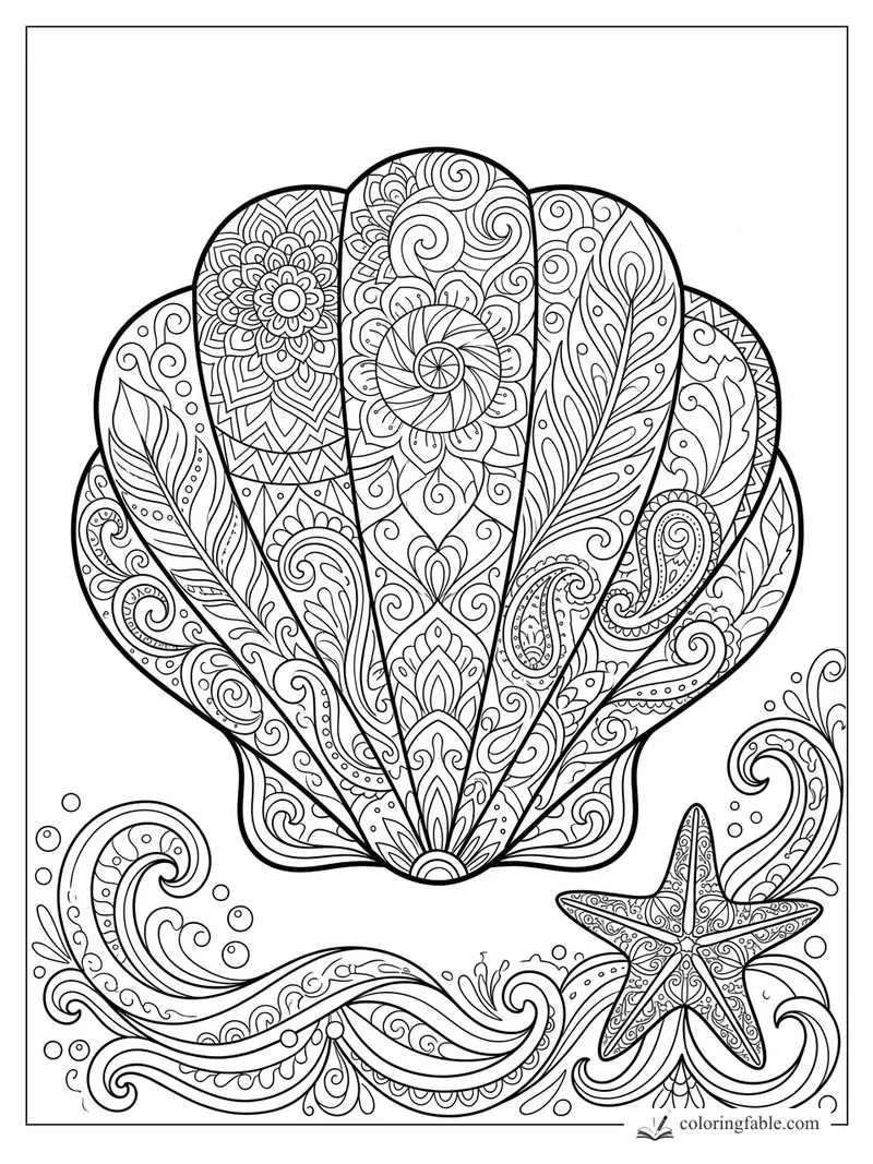 Intricate zentangle scallop shell above curling waves and a patterned starfish