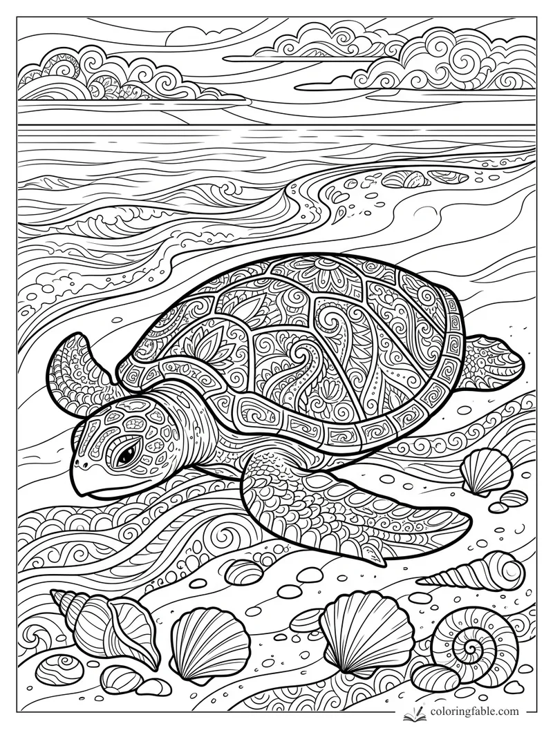 Intricate zentangle sea turtle swimming over shells, rolling waves, patterned sand, and swirling clouds