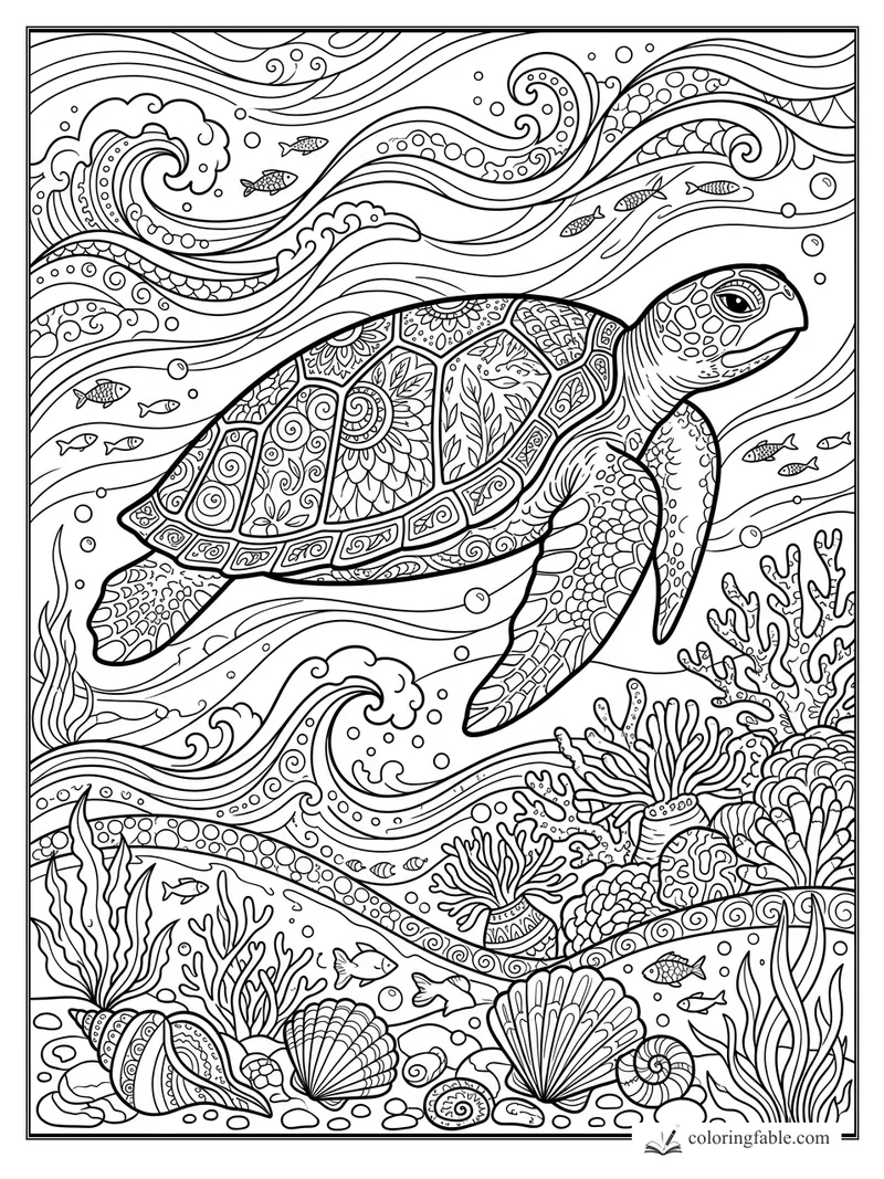 Intricate zentangle sea turtle swimming through waves, fish, coral, shells, and bubbles.