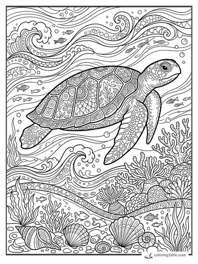 Intricate zentangle sea turtle swimming through waves, fish, coral, shells, and bubbles.