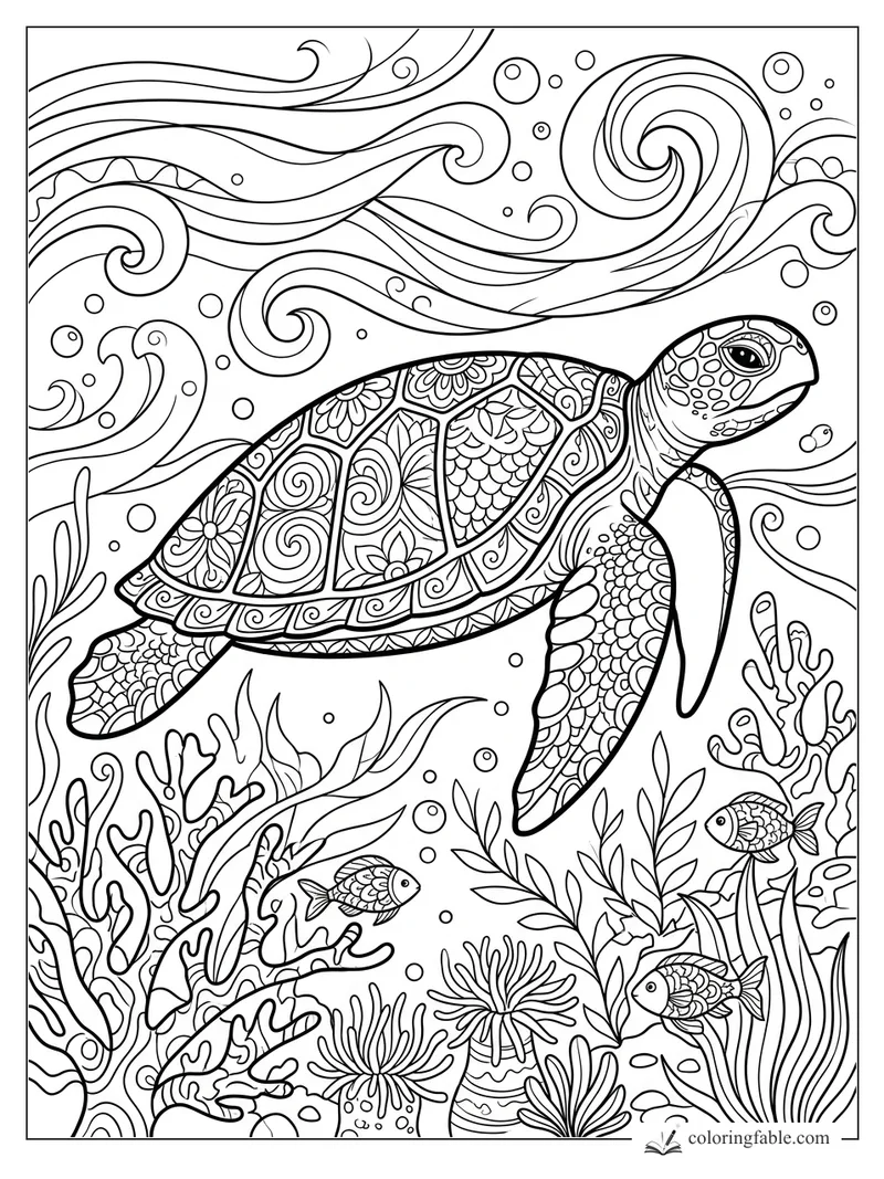Intricate zentangle sea turtle swimming above coral, fish, bubbles, and swirling July ocean waves.