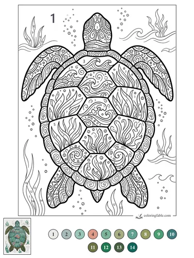 Zentangle Sea Turtle with Wave Shell — color by number