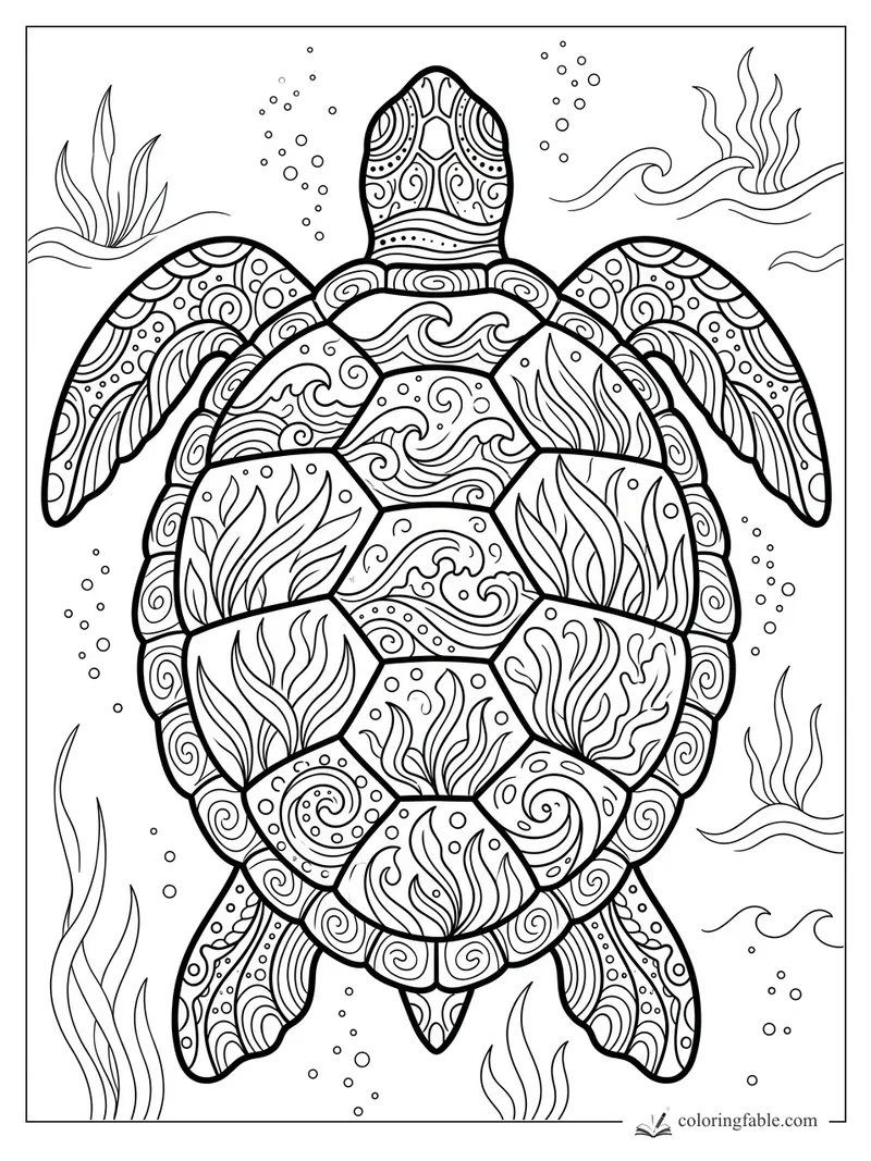 Intricate zentangle sea turtle with patterned shell, flippers, bubbles, seaweed, and ocean waves