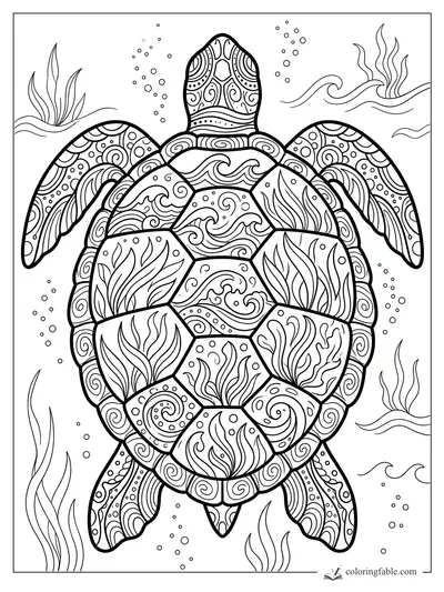 Intricate zentangle sea turtle with patterned shell, flippers, bubbles, seaweed, and ocean waves