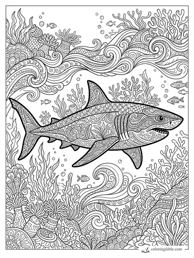 Intricate zentangle shark swimming through swirling waves, coral, bubbles, sea plants, and small fish.