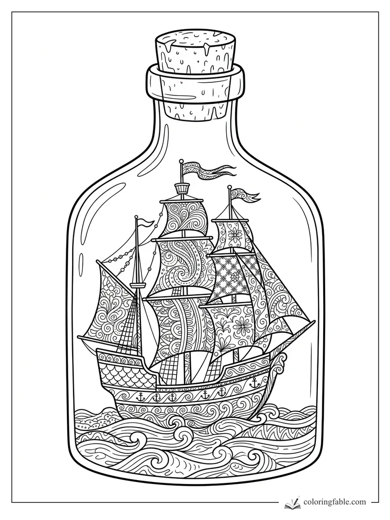 Intricate zentangle sailing ship in a corked glass bottle with patterned sails and swirling waves