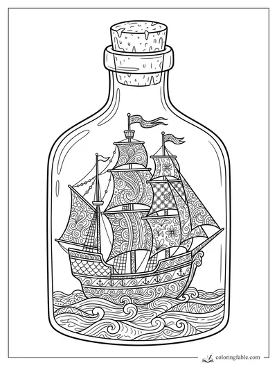 Intricate zentangle sailing ship in a corked glass bottle with patterned sails and swirling waves