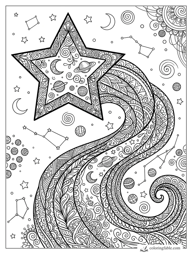 Intricate zentangle shooting star with planets, moons, constellations, spirals, and a sweeping patterned tail.