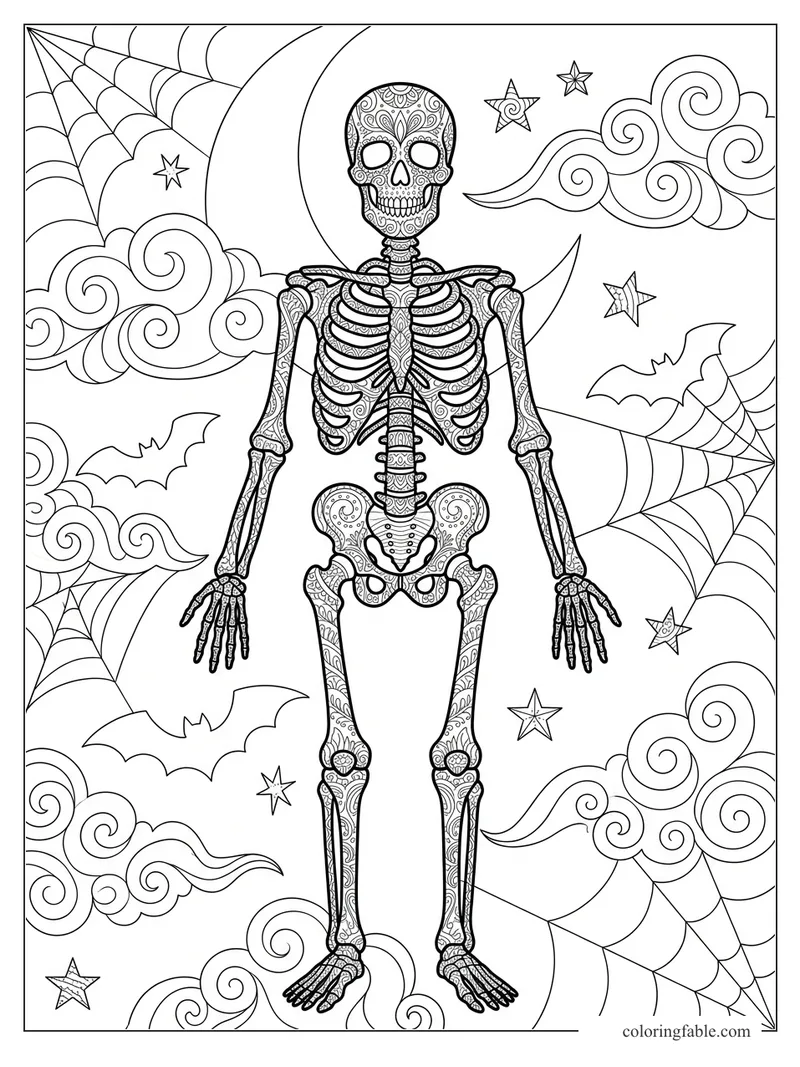 Intricate zentangle skeleton with spiderwebs, bats, stars, crescent moon, and swirling clouds.