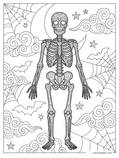 Intricate zentangle skeleton with spiderwebs, bats, stars, crescent moon, and swirling clouds.