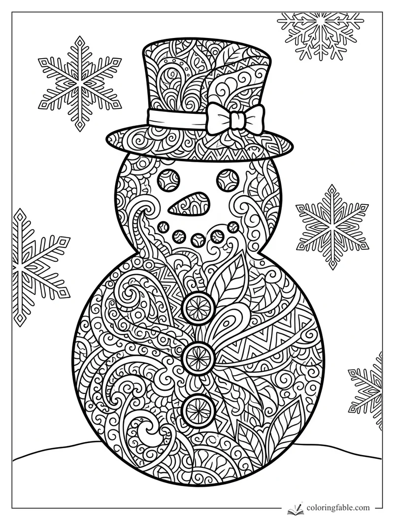 Intricate zentangle snowman with patterned top hat, bow, carrot nose, buttons, and snowflakes