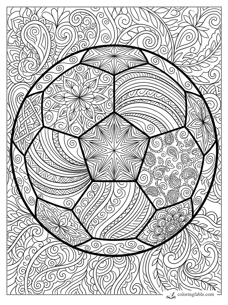 Intricate zentangle soccer ball with paisley, flowers, spirals, arcs, and star-patterned panels