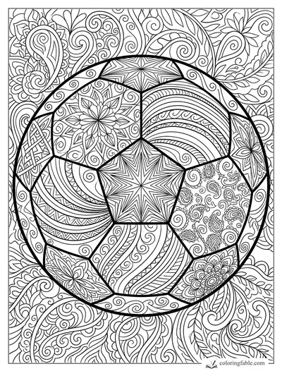 Intricate zentangle soccer ball with paisley, flowers, spirals, arcs, and star-patterned panels