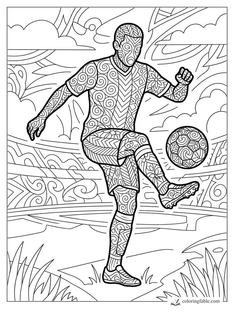 Intricate zentangle soccer player juggling a patterned ball among clouds, grass, and sweeping park lines.