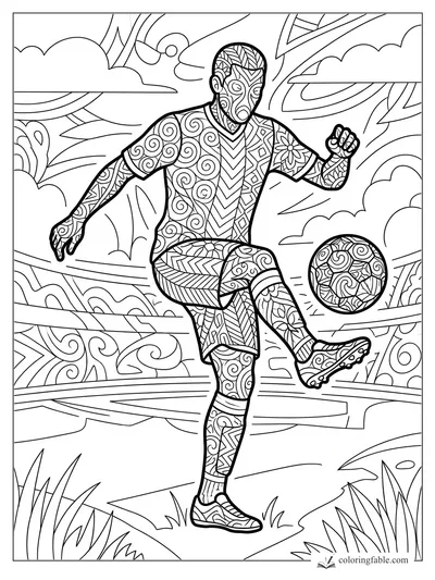 Intricate zentangle soccer player juggling a patterned ball among clouds, grass, and sweeping park lines.