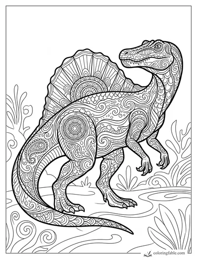 Intricate zentangle spinosaurus with tall sail, curled tail, reeds, and winding pool lines