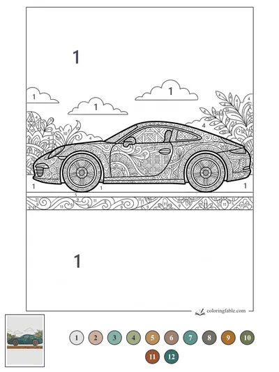 Zentangle Sports Car on a Floral Road — color by number