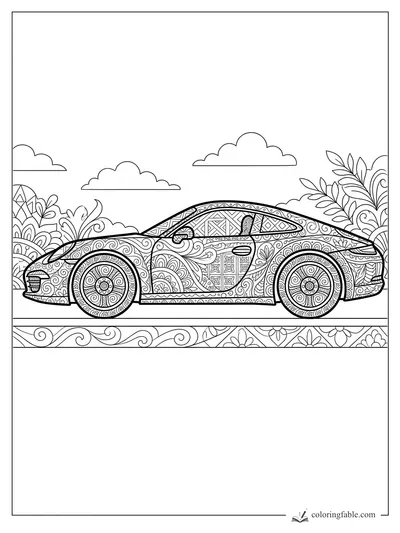 Intricate zentangle sports car with patterned wheels, clouds, leafy plants, and a floral road border.