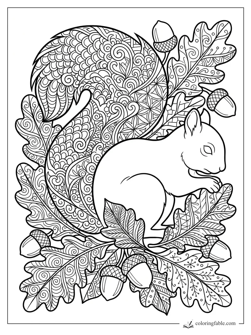 Intricate zentangle squirrel with curled tail, oak leaves, acorns, spirals, scallops, and floral patterns.