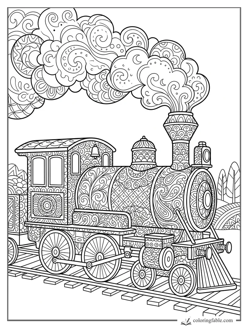 Intricate zentangle steam train with patterned cars, wheels, cowcatcher, and curling smoke clouds