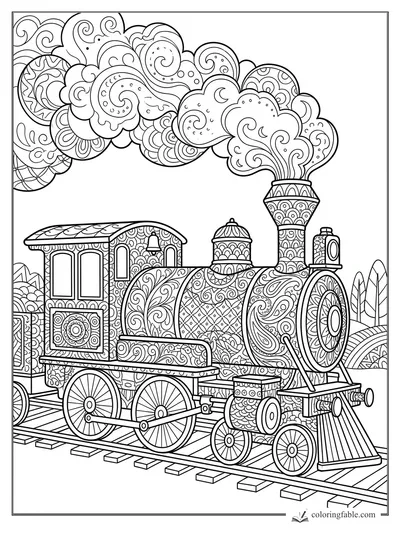 Intricate zentangle steam train with patterned cars, wheels, cowcatcher, and curling smoke clouds