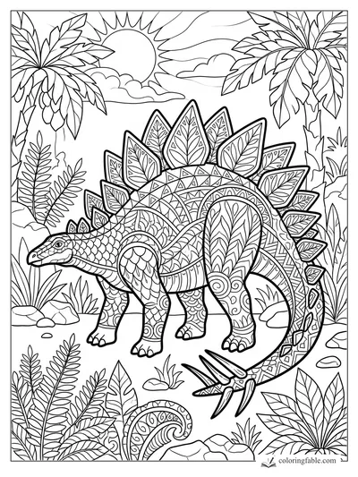 Intricate zentangle stegosaurus with leaf-shaped plates, ferns, palms, rocks, sun and clouds.