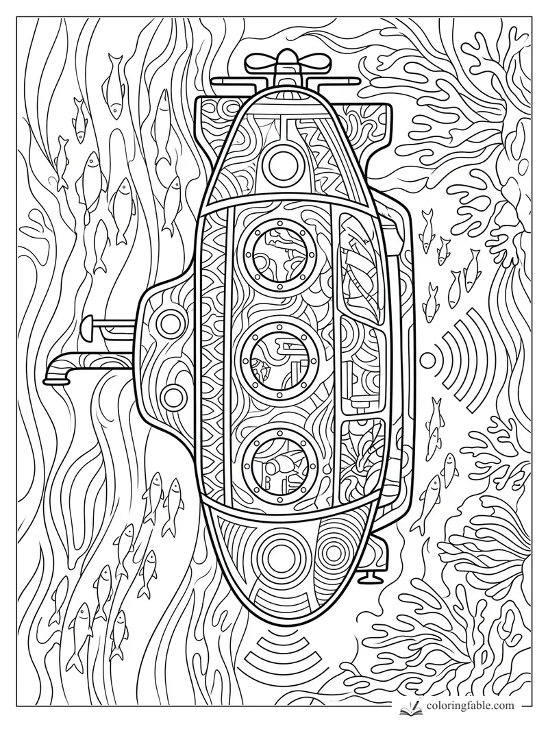 Intricate zentangle rescue submarine with portholes, sonar waves, fish, seaweed, and coral reef shapes.