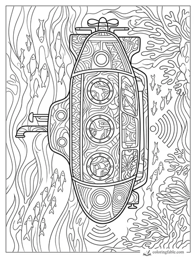Intricate zentangle rescue submarine with portholes, sonar waves, fish, seaweed, and coral reef shapes.