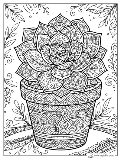 Intricate zentangle succulent in a decorated pot with layered leaves, spirals, flowers, vines, and border patterns.