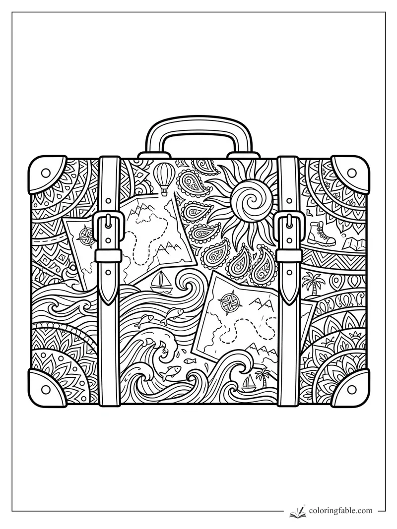 Intricate zentangle suitcase with buckled straps, maps, ocean waves, fish, sun, balloon, and travel patterns.