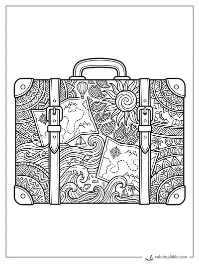 Intricate zentangle suitcase with buckled straps, maps, ocean waves, fish, sun, balloon, and travel patterns.
