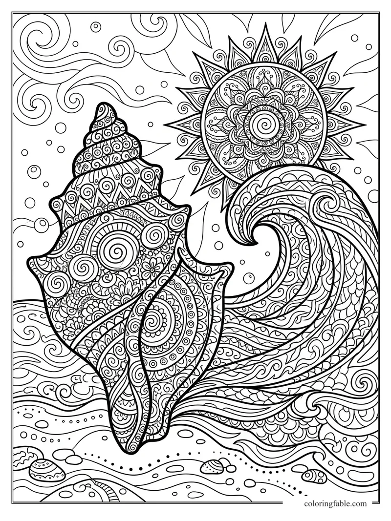 Intricate zentangle seashell with curling ocean wave, mandala sun, bubbles, and patterned sand