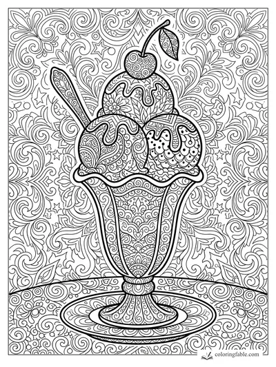Intricate zentangle ice cream sundae with cherry, spoon, waffle wafer, ornate glass, and swirling backdrop