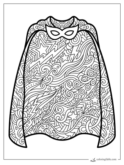 Intricate superhero cape and mask with zentangle stars, lightning bolts, swirls, and wave patterns.