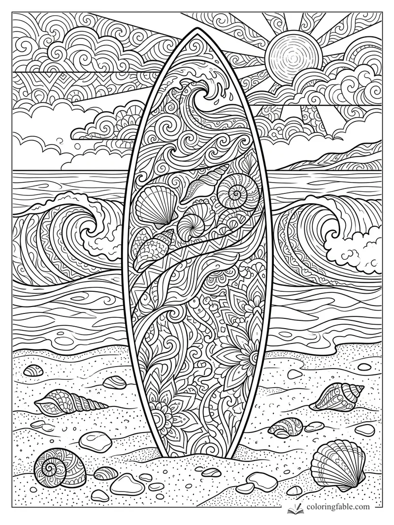 Intricate zentangle surfboard on a shell-strewn beach with curling waves, clouds, and sun