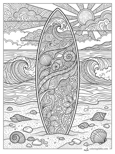 Intricate zentangle surfboard on a shell-strewn beach with curling waves, clouds, and sun