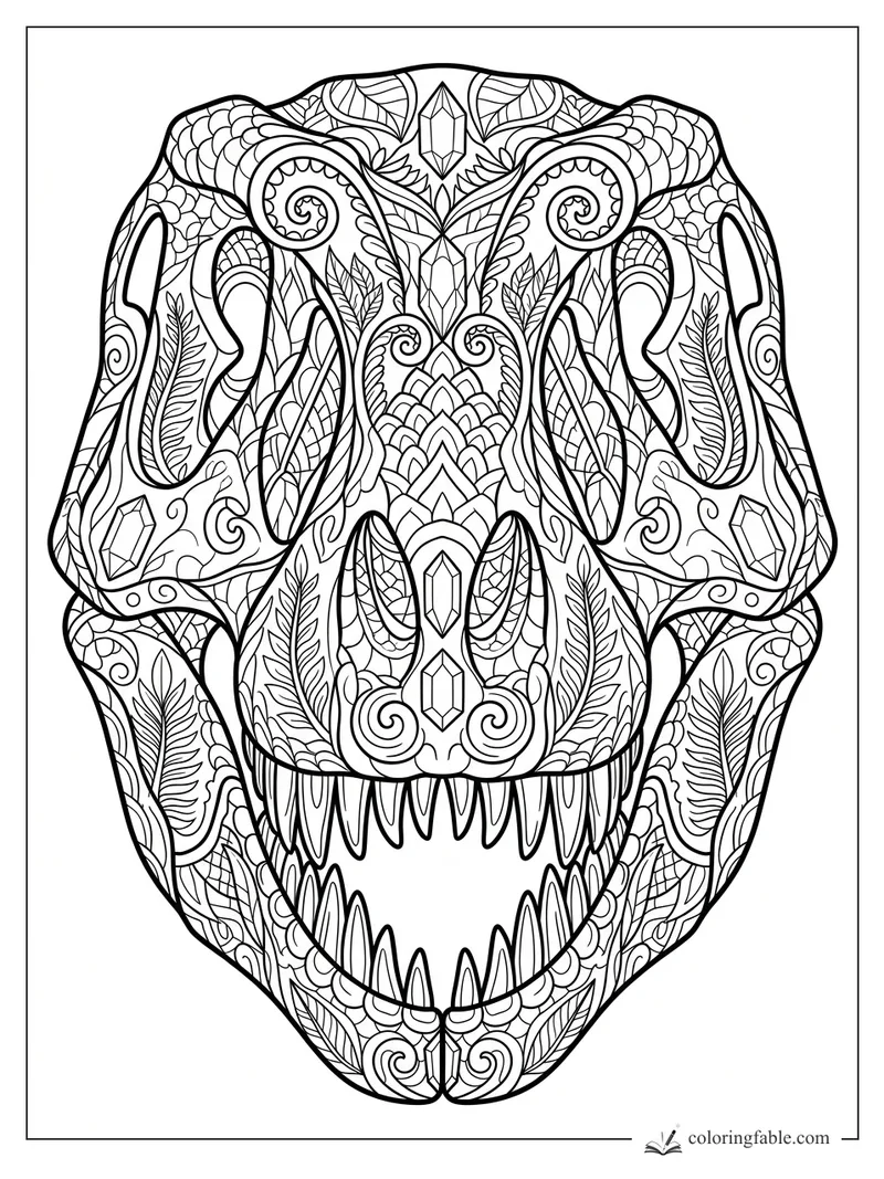 Intricate zentangle T. rex skull with sharp teeth, crystals, fern leaves, scales, and spiral patterns