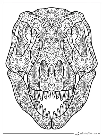 Intricate zentangle T. rex skull with sharp teeth, crystals, fern leaves, scales, and spiral patterns