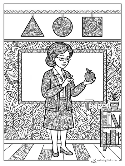 Intricate zentangle teacher holding an apple beside a classroom whiteboard, books, plants, and hanging shapes