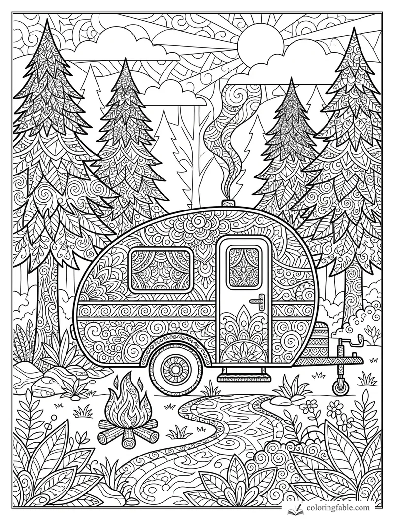 Intricate zentangle teardrop camper among tall pines, campfire, winding path, sun, clouds, and smoke.