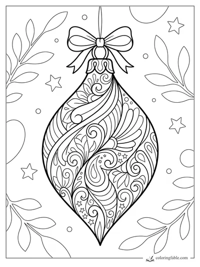 Adorno en forma de gota para colorear con lazo, espirales zentangle, estrellas, hojas y esferas