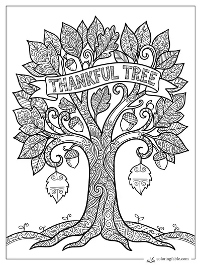 Intricate zentangle thankful tree with patterned leaves, curling branches, acorns, and a ribbon banner