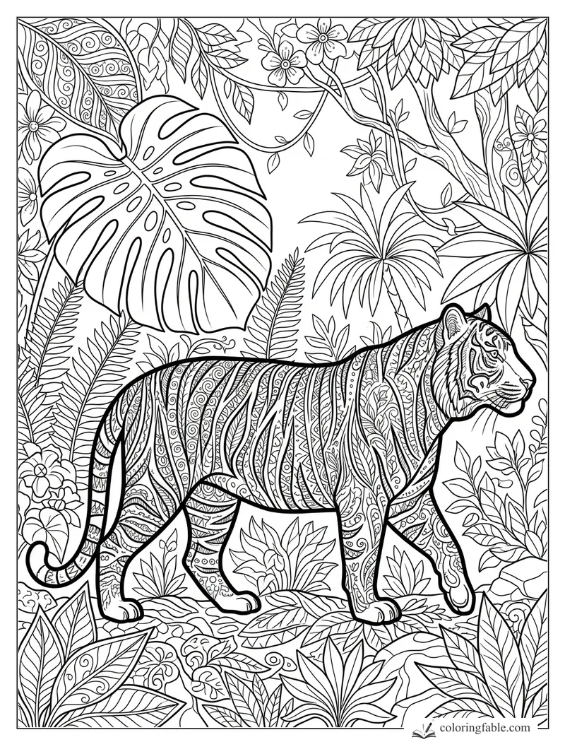Intricate zentangle tiger walking through tropical leaves, vines, flowers, and a large monstera leaf.